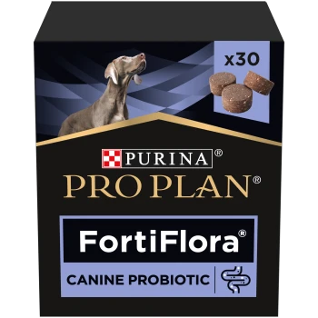 Boîte de complément probiotique Purina Pro Plan FortiFlora pour chiens avec image d'un chien et 30 comprimés visibles.