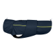 Marineblauer Hundemantel mit einem gelben reflektierenden Streifen, der eine Reißverschlusstasche und verstellbare Riemen für einen sicheren Sitz aufweist.