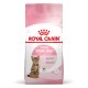 Sac de nourriture sèche Royal Canin Kitten Sterilised pour les chatons de 6 à 12 mois, présentant un chaton joueur et des avantages pour l'immunité et le contrôle de la croissance.