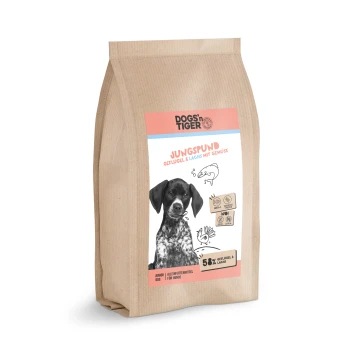 Jungspund 2 kg Hundefutterverpackung mit einem schwarz-weißen Hundebild, beschriftet mit "JUNGSPUND" und "Geflügel & Lachs mit Gemüse", was 58% Geflügel und Lachs anzeigt.