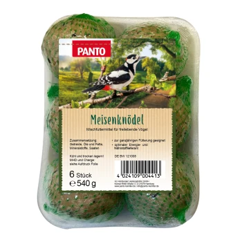 ® MEISENKNÖDEL MIT NETZ 540 g Packung mit 6 Meisenknödeln, beschriftet mit "PANTO", geeignet für Wildvögel, mit in deutscher Sprache aufgelisteten Zutaten.