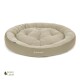 Runder, plüschiger Hundebett in hellbeige, mit gepolstertem Kissen und dem Logo "Doctor Bark." Grünes Label-Symbol in der Ecke.