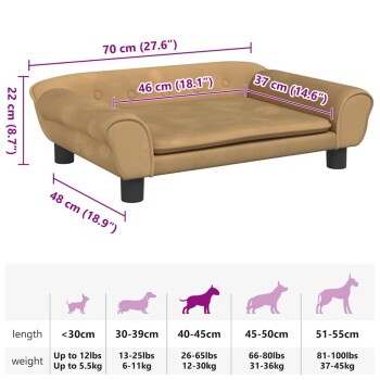 Hundesofa in Beige mit den Maßen: 70 cm (Länge), 48 cm (Breite), 22 cm (Höhe). Tragfähigkeit und Größenleitfaden unten.