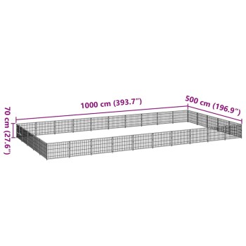 Diagramm eines großen Freiluft-Haustiergeheges, das 1000 cm x 500 cm und 70 cm hoch ist, mit einem Drahtgitterdesign.