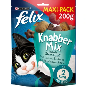 Paquet de friandises pour chats Purina Felix Knabber Mix colorées (200g) avec un chat joueur, présentant des saveurs de saumon, de morue et de truite.