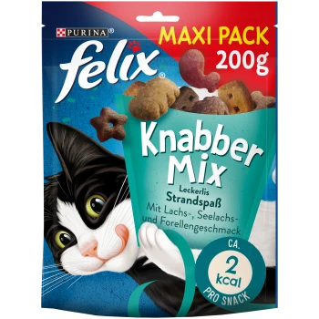 Kleurige Purina Felix Knabber Mix katten traktaties verpakking (200g) met een speelse kat, met zalm, kabeljauw, en forel smaken.