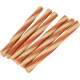 Six twisted red and white rawhide dog chew sticks on a white background.