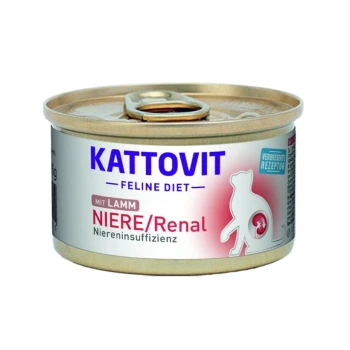 Kattovit Feline Diet Dosenfutter für Katzen mit Lamm, gekennzeichnet für Nierenunterstützung (Niere/Renal), mit einer Katzensilhouette und verbessertem Rezepttext.