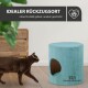 Eine schwarze Katze läuft an einem hellblauen, runden Haustierversteck mit seitlichem Eingang vorbei, mit dem Text 'IDEALER RÜCKZUGSORT' darüber.