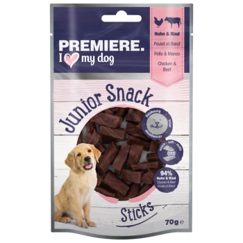 Verpackung für Hundeleckerlis mit der Aufschrift "Junior Snack Sticks", 70g, mit einem Golden Retriever Welpen und der Marke "Premiere. Ich liebe meinen Hund".