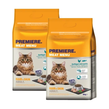 Zwei Beutel PREMIERE Meat Menu Katzenfutter, jeweils 4 kg, mit einer flauschigen Katze auf der Vorderseite. Aufkleber besagen "52 % Protein" und "Haar + Haut Adult."