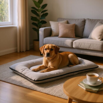 Beiger Hund liegt auf einem grau gepolsterten Haustierbett in einem sonnendurchfluteten Wohnzimmer, Sofa und Topfpflanze im Hintergrund, Kaffeetasse auf dem Tisch.