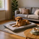 Beiger Hund liegt auf einem grau gepolsterten Haustierbett in einem sonnendurchfluteten Wohnzimmer, Sofa und Topfpflanze im Hintergrund, Kaffeetasse auf dem Tisch.