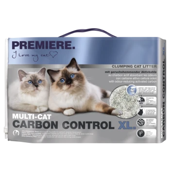 Clumping cat litter package featuring two fluffy cats with blue eyes, labeled "MULTI-CAT CARBON CONTROL XL" and "PREMIERE. I love my cat."