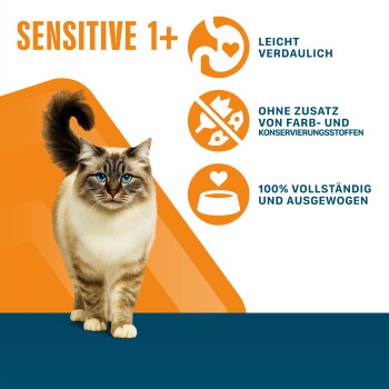 Blauäugige Katze mit 'SENSITIVE 1+' und Symbolen (Deutsch): Leicht verdaulich; ohne Farb-/Konservierungsstoffe; 100% vollständig