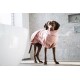 Ein brauner Hund, der ein weiches rosa Handtuch trägt, steht in einem modernen Raum mit einer großen weißen Schüssel und einer strukturierten grauen Wand im Hintergrund.
