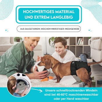 Ein kleiner Hund in einer schwarzen Windel sitzt auf einem Teppich neben einer Person, die eine weiße Schüssel hält. Text oben und unten beschreibt strapazierfähige, waschbare Windeln.