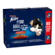 Purina Felix Katzenfutter Jumbo-Pack mit 80 Beuteln, mit einer schwarz-weißen Katze und einem Teller Nassfutter in Gelee.