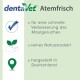 dentaVet Atemfrisch Produktbild, das Vorteile hervorhebt: verbessert schlechten Atem, reines Naturprodukt, hergestellt in Deutschland.