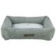Graues Haustierbett mit einem weichen, runden Kissen mit Herzdesign, beschriftet mit "homeEdition" auf einem braunen Etikett.