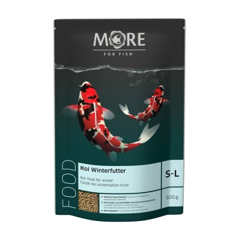 Koi Winterfutter Fischfutterverpackung mit zwei bunten Koi-Fischen, mit Text, der es als Winterfutter für Koi beschreibt, 500g.