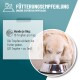 Ein Golden Retriever frisst aus einer Metallschüssel mit einem Text, der 10 Tropfen pro Tag empfiehlt, die ins Futter gemischt werden.