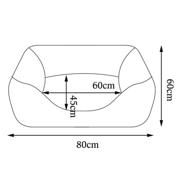 Illustration eines Haustierbettes mit den Abmessungen: 80 cm Länge, 60 cm Breite und 60 cm Höhe, mit einer inneren Breite von 45 cm.