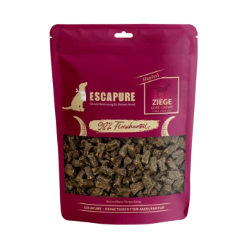 Rote Tüte Escapure Hundesnacks mit 98 % Ziegenfleisch, zeigt kleine dunkelbraune Stückchen innen, mit deutscher Beschriftung.