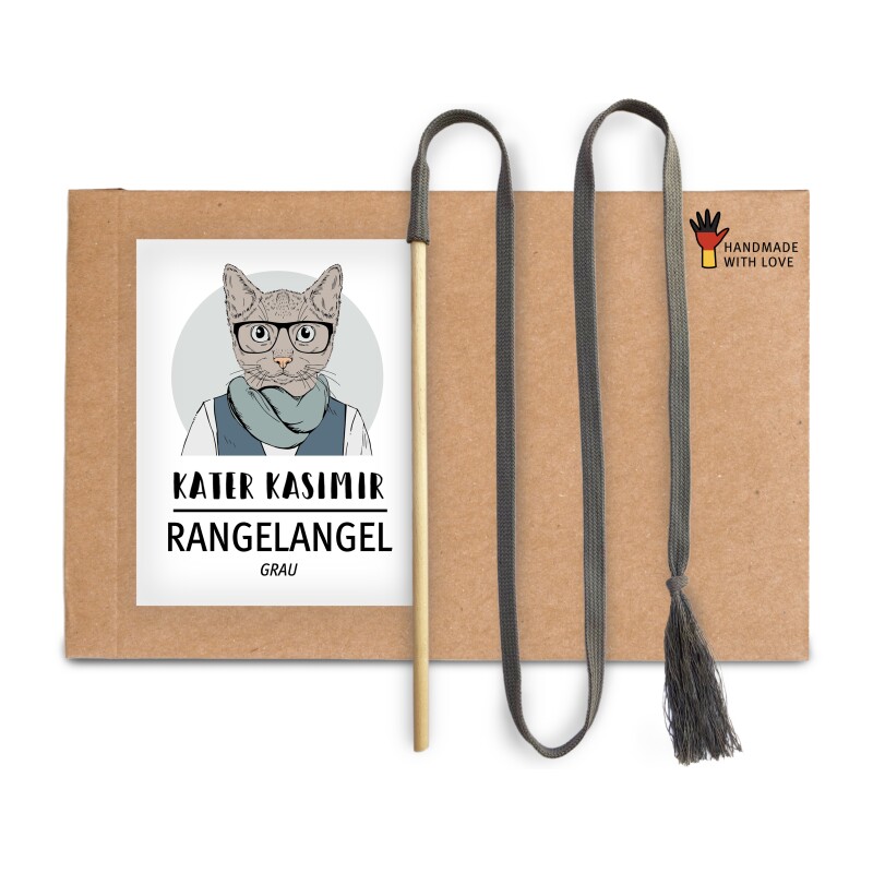 Kater Kasimir RANGELANGEL - Die natürliche Spielangel für Katzen, mit grauem Baumwollband und Buchenholzstab