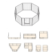 Illustration eines vielseitigen achteckigen Spielzauns für Haustiere mit einer Tür, die verschiedene Konfigurationen wie rechteckige und dreieckige Formen zeigt.