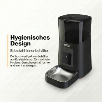 Schwarzer automatischer Futterautomat mit Edelstahlschale, Marke ZEDAR, mit deutschem Text 'Hygienisches Design'.