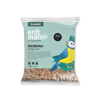 Tüte Erdtmann's Classic Fettfutter Energiefutter Vogelfutter, 5 kg, mit einer blauen und gelben Vogelillustration.