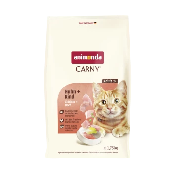 Animonda Carny Katzenfuttersack – Chicken + Beef (Huhn + Rind), Bild einer orangefarbenen Tigerkatze, 'Adult 1+', 1,75 kg, Hergestellt in Deutschland.
