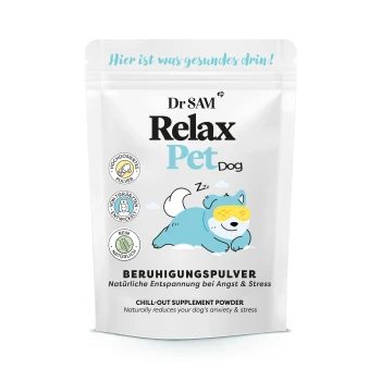 Dr SAM Relax Pet Dog Beruhigungspulver-Paket mit einem Cartoon-Hund, der eine Schlafmaske trägt, mit Text auf Deutsch über natürliche Entspannung für Hunde.