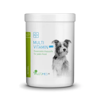 Behälter von "Multi Vitamin Plus" für Hunde, mit einem schwarz-weißen Hund und deutschem Text: "Essenzielle Vitalstoffe für jeden Hund."