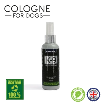Bottle of Ancol K-9 cologne for dogs, 100ml, with text "Soothe & Refresh the Skin" and eco-friendly labels indicating 100% recycled material.