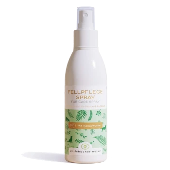 Fell Well Pflege Spray mit Kokos für Hunde und Katzen, fördert sanftes Kämmen und seidigen Glanz, mit einer Löwenillustration.