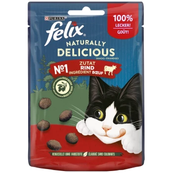 Bunte Verpackung von Purina Felix Naturally Delicious Katzensnacks mit einer verspielten schwarz-weißen Katze und dem Text "100% lecker!" und "Zutat Rind."