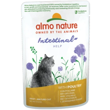 Almo Nature Intestinal Help Katzenfutterbeutel mit einer grauen Katzensilhouette, mit dem Hinweis, dass es für erwachsene, reife Katzen ist und Geflügel enthält.