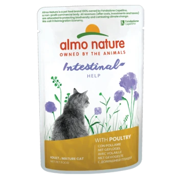 Almo Nature Intestinal Help kattenvoer zakje met een grijze kattensilhouet, met tekst die aangeeft dat het voor volwassen, rijpe katten is en gevogelte bevat.