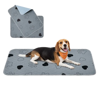 Beagle auf grauer Matte mit schwarzen Pfoten- und Herzmotiven; Einsatzbild zeigt gefaltete Matte mit blauem Rücken; Hund trägt orangefarbene Bandana mit Text