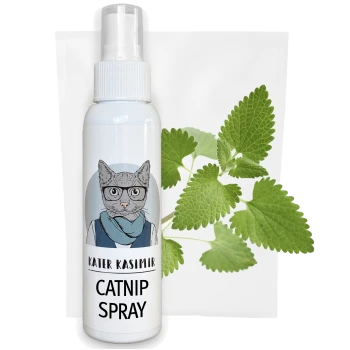Eine Flasche Katzenminze-Spray mit der Bezeichnung "Kater Kasimir CATNIP SPRAY" und einer Illustration einer Katze auf der Vorderseite, umgeben von frischen Katzenminzblättern.