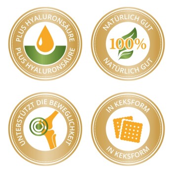 Vier runde Abzeichen mit Ansprüchen an Haustierprodukte: "Plus Hyaluronsäure", "100% Natürlich Gut", "Unterstützt die Beweglichkeit" und "In Keksform."