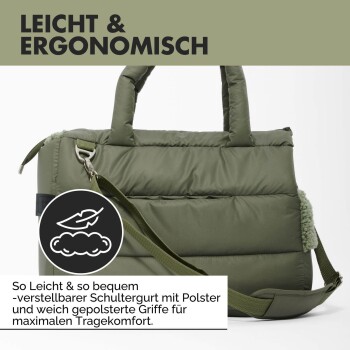 Leichte und ergonomische olivgrüne Haustiertragetasche mit verstellbarem gepolstertem Schultergurt und weichen Griffen für maximalen Komfort.