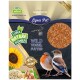 Verpackung für Lyra Pet Wild Bird Food mit zwei Vögeln, Sonnenblumenkernen und einer Schüssel Vogelfutter; beschriftet mit '100% natürlich' und 'Premium Futter.'