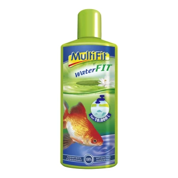 Flasche von MultiFit WaterFIT für die Aquariennutzung, mit einer Goldfischgrafik und Text, der angibt, dass es bis zu 10.000 Liter behandelt.