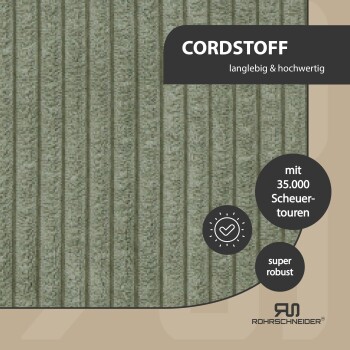 Nahaufnahme von strapazierfähigem grünem Cordstoff mit deutschem Text, der "CORDSTOFF", "langlebig & hochwertig", "mit 35.000 Scheuertouren" und "super robust" hervorhebt.