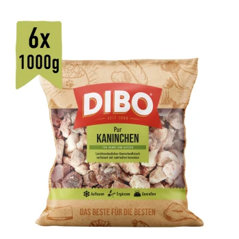 DIBO Kaninchen Haustierfutter-Packung, mit Kaninchenfleisch für Hunde und Katzen, mit einem 6x 1000 g Etikett und einem Katzenbild.