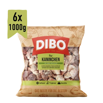 DIBO Kaninchen Haustierfutter-Packung, mit Kaninchenfleisch für Hunde und Katzen, mit einem 6x 1000 g Etikett und einem Katzenbild.