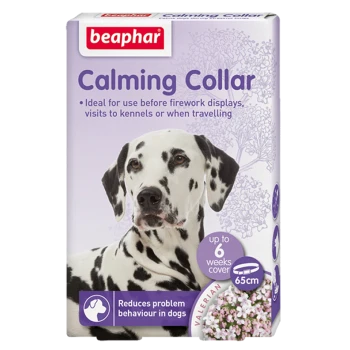 Beaphar Calming Collar packaging featuring a Dalmatian. Highlights: "Calming Collar," "Ideal for fireworks," "6 weeks cover."